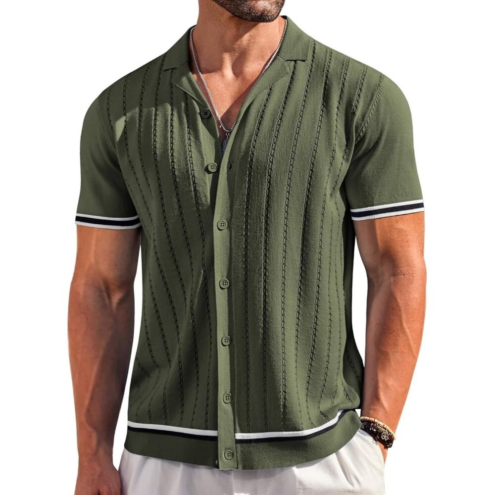Men's Green Short Sleeve Knit Shirt Casual Button Down Shirt Vintage